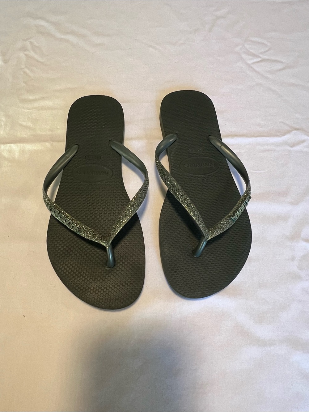 Havaianas Dark Green Slim Glitter Flip Flops Sz 39-40